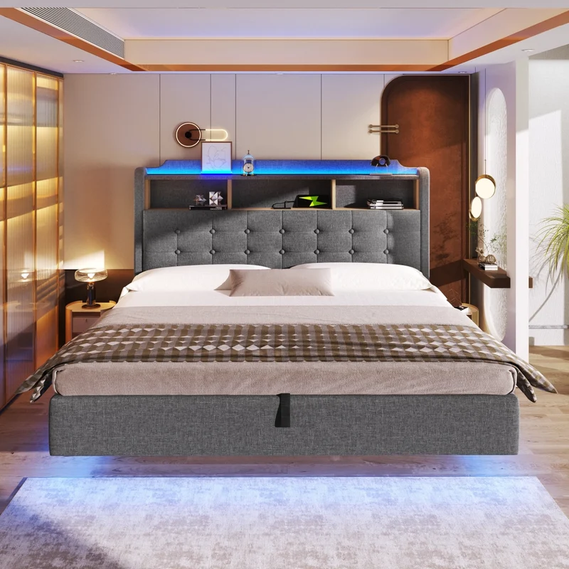 Letto imbottito 180x200 cm con contenitore idraulico e striscia LED multicolore; tessuto grigio