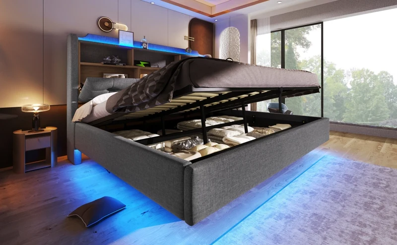 Letto imbottito 180x200 cm con contenitore idraulico e striscia LED multicolore; tessuto grigio
