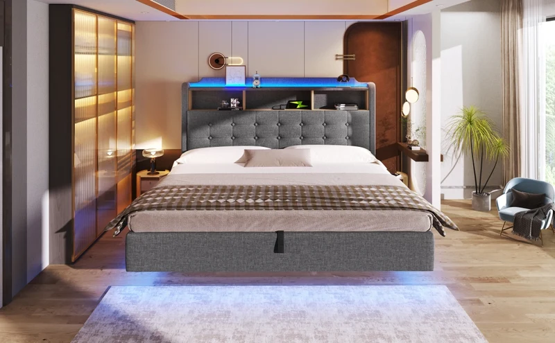 Letto imbottito 180x200 cm con contenitore idraulico e striscia LED multicolore; tessuto grigio