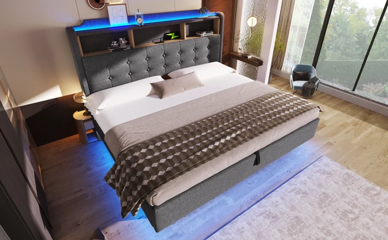 Letto imbottito 180x200 cm con contenitore idraulico e striscia LED multicolore; tessuto grigio