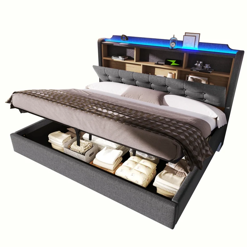 Letto imbottito 180x200 cm con contenitore idraulico e striscia LED multicolore; tessuto grigio