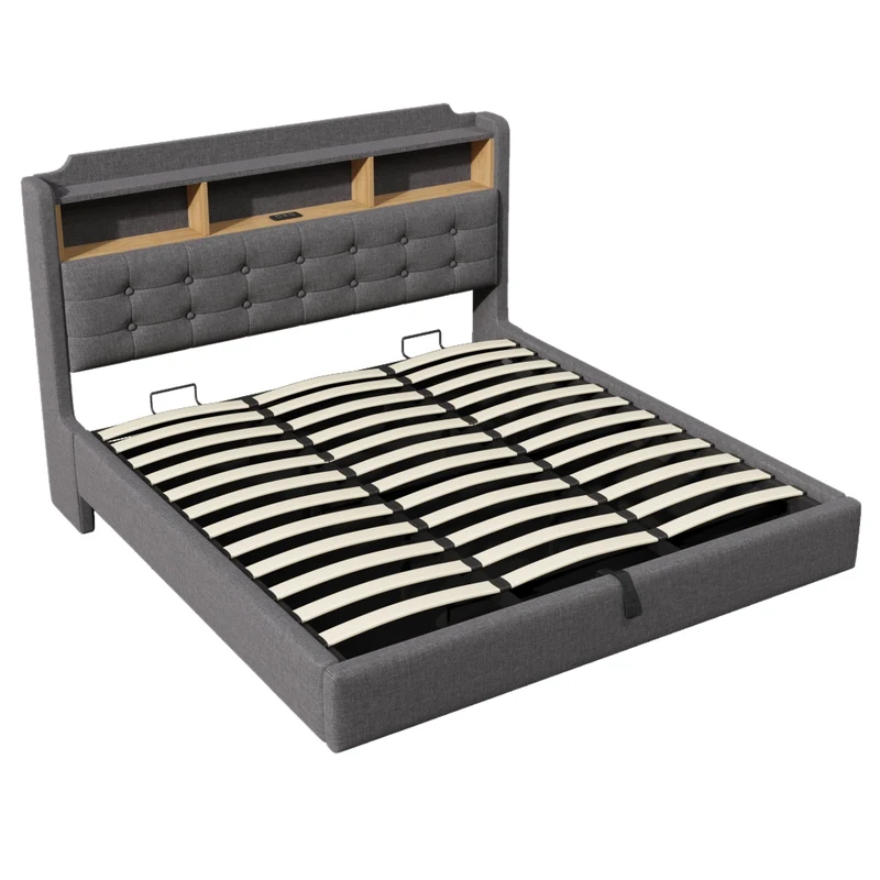 Letto imbottito 180x200 cm con contenitore idraulico e striscia LED multicolore; tessuto grigio