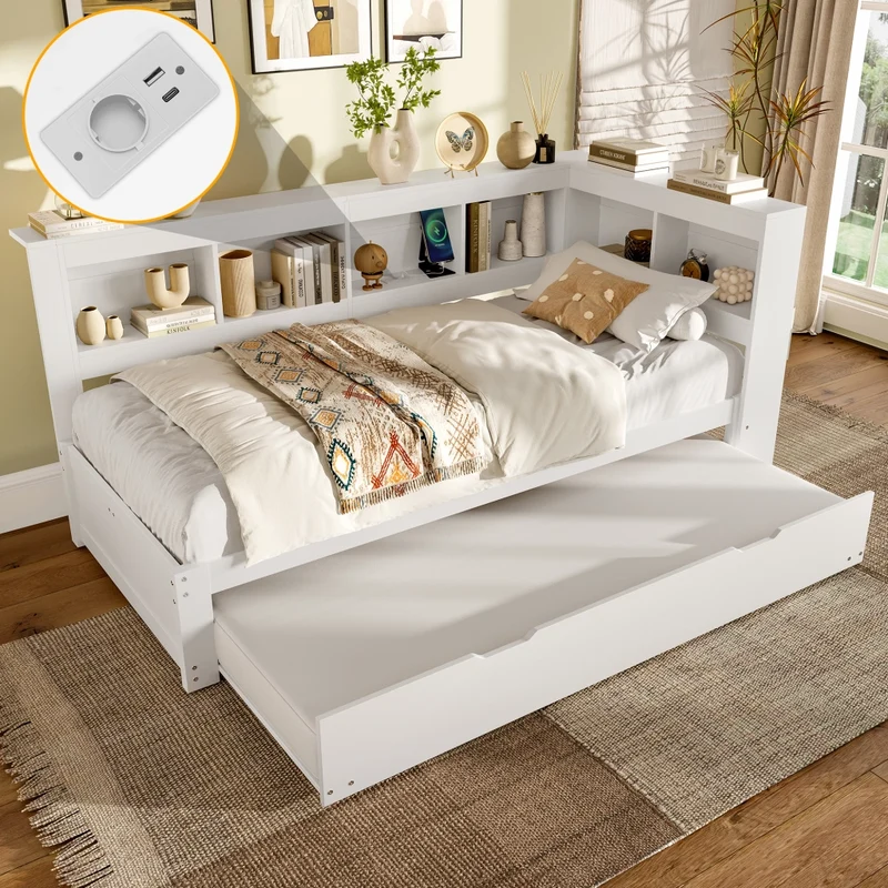 Divano letto singolo 90x200 cm bianco con rete a doghe e letto estraibile