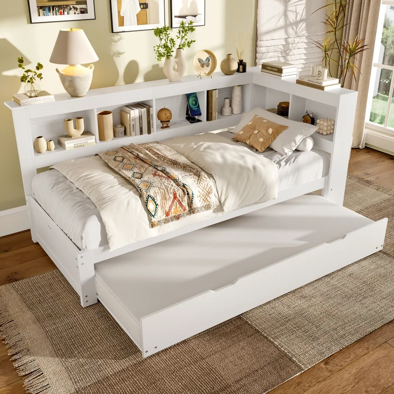 Divano letto singolo 90x200 cm bianco con rete a doghe e letto estraibile