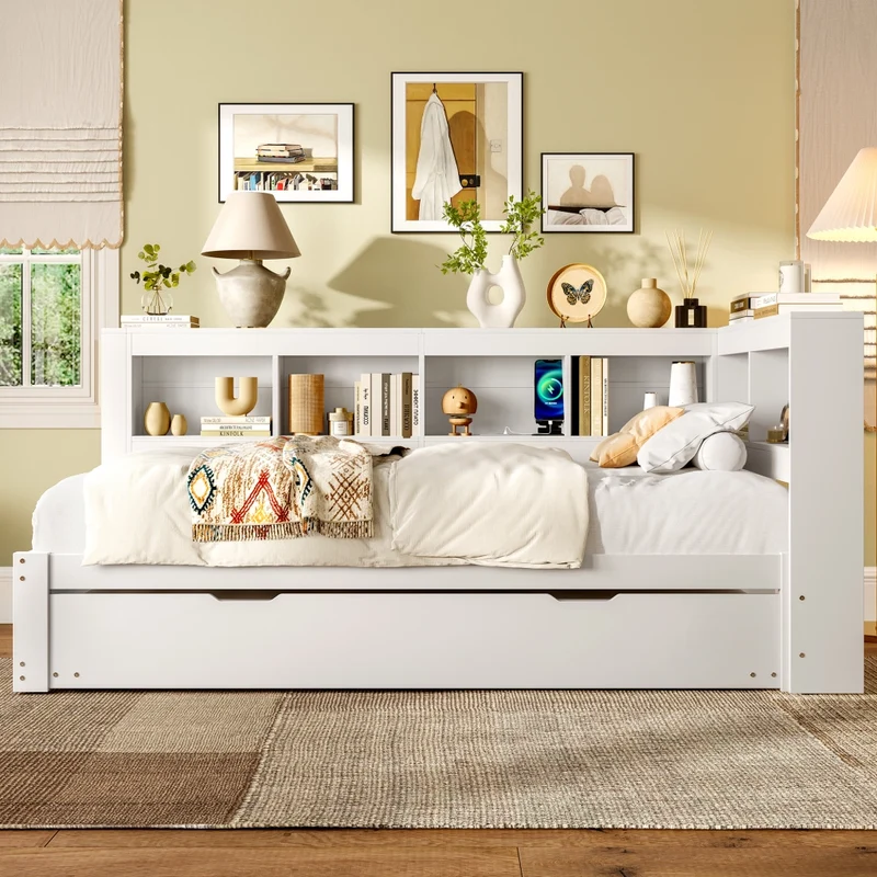Divano letto singolo 90x200 cm bianco con rete a doghe e letto estraibile
