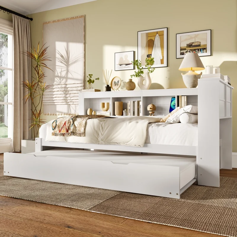 Divano letto singolo 90x200 cm bianco con rete a doghe e letto estraibile