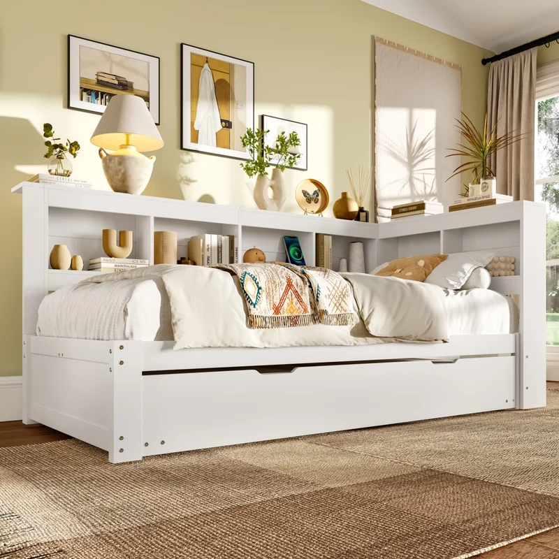 Divano letto singolo 90x200 cm bianco con rete a doghe e letto estraibile