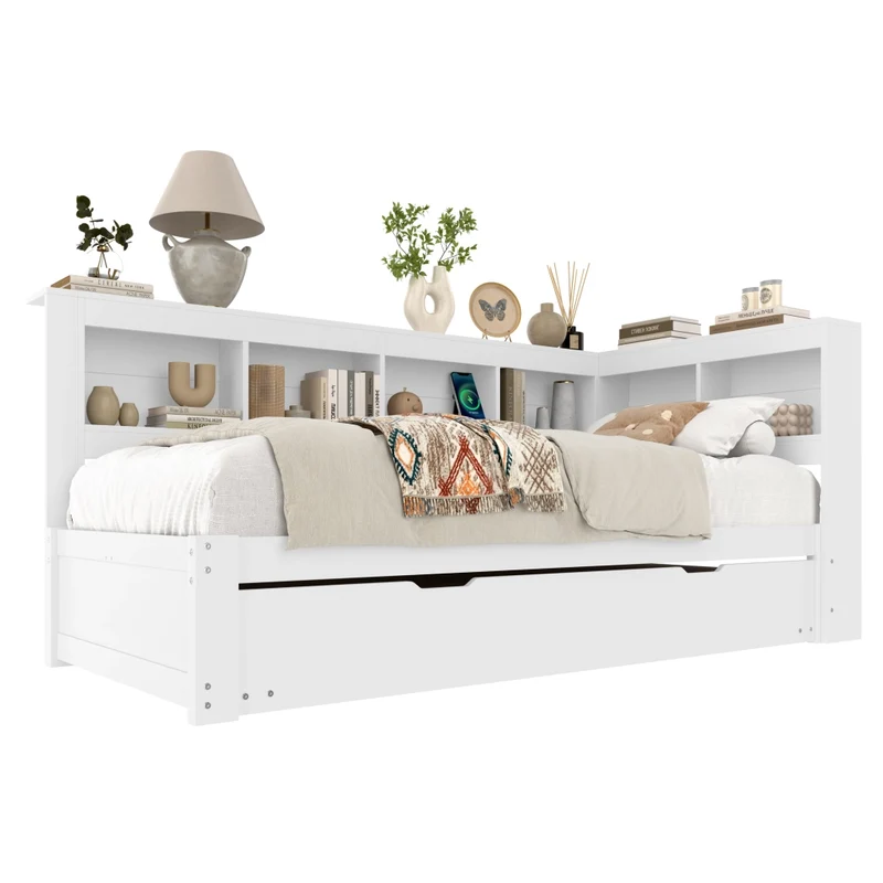 Divano letto singolo 90x200 cm bianco con rete a doghe e letto estraibile