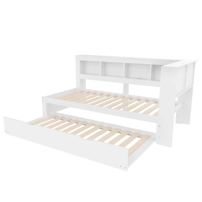 Divano letto singolo 90x200 cm bianco con rete a doghe e letto estraibile
