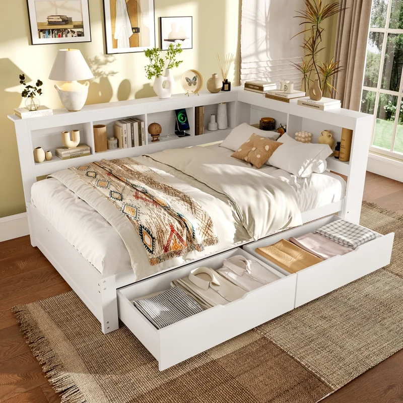 Divano letto 140 x 200 cm bianco con rete a doghe; 2 cassetti e prese USB