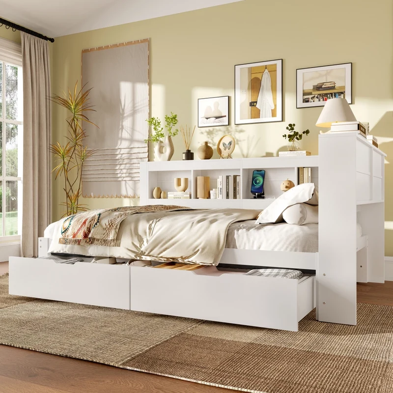 Divano letto 140 x 200 cm bianco con rete a doghe; 2 cassetti e prese USB