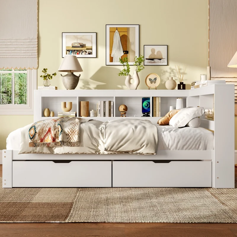 Divano letto 140 x 200 cm bianco con rete a doghe; 2 cassetti e prese USB
