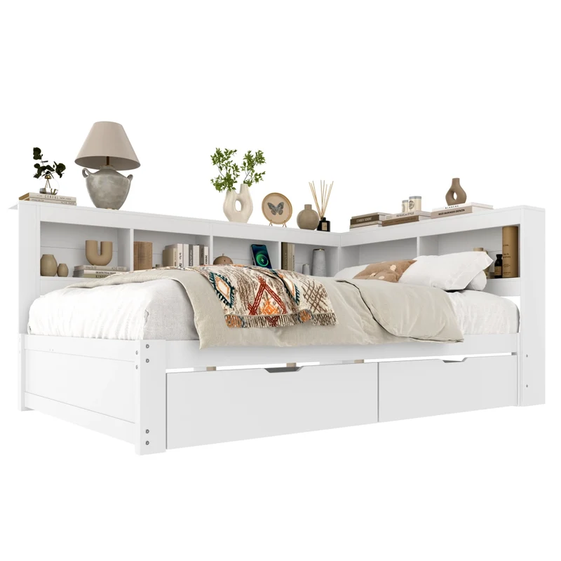 Divano letto 140 x 200 cm bianco con rete a doghe; 2 cassetti e prese USB