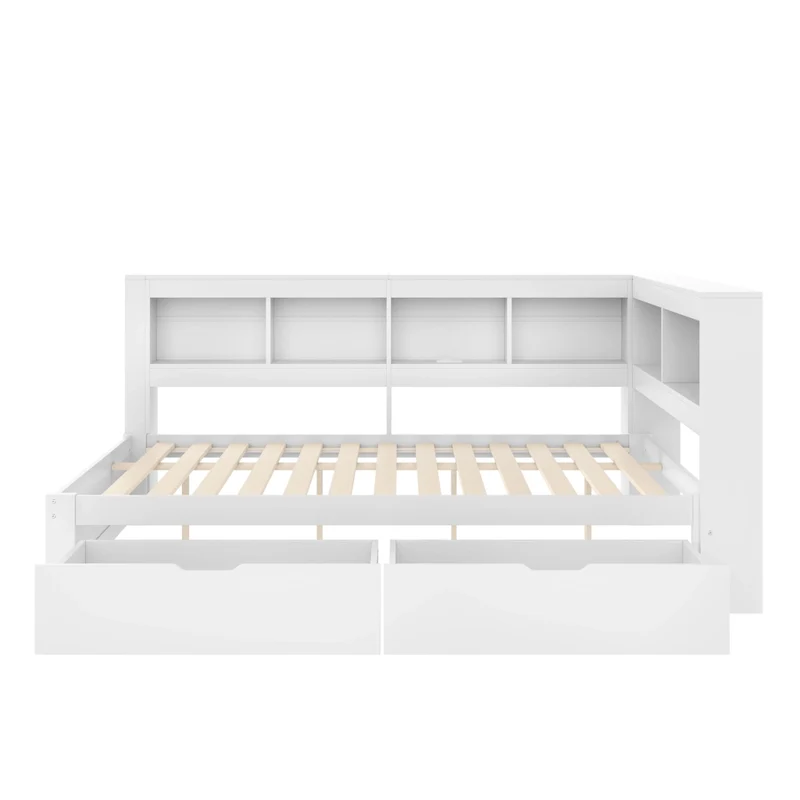 Divano letto 140 x 200 cm bianco con rete a doghe; 2 cassetti e prese USB