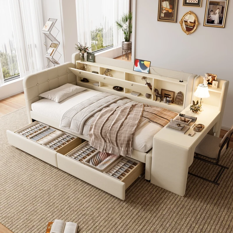 Letto singolo 90x200 cm con contenitore ribaltabile; scrivania reversibile e prese USB; beige