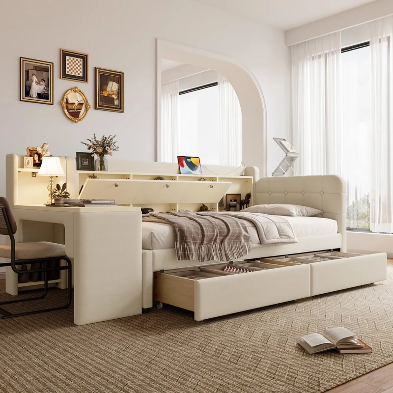 Letto singolo 90x200 cm con contenitore ribaltabile; scrivania reversibile e prese USB; beige