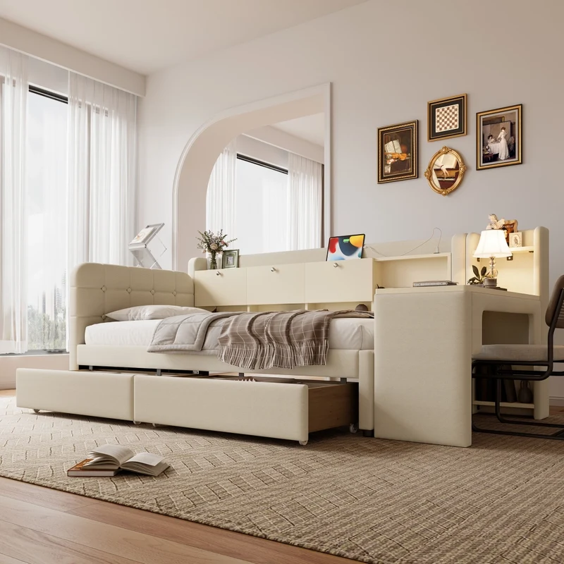 Letto singolo 90x200 cm con contenitore ribaltabile; scrivania reversibile e prese USB; beige