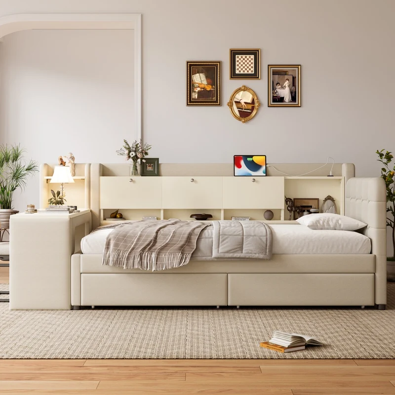 Letto singolo 90x200 cm con contenitore ribaltabile; scrivania reversibile e prese USB; beige