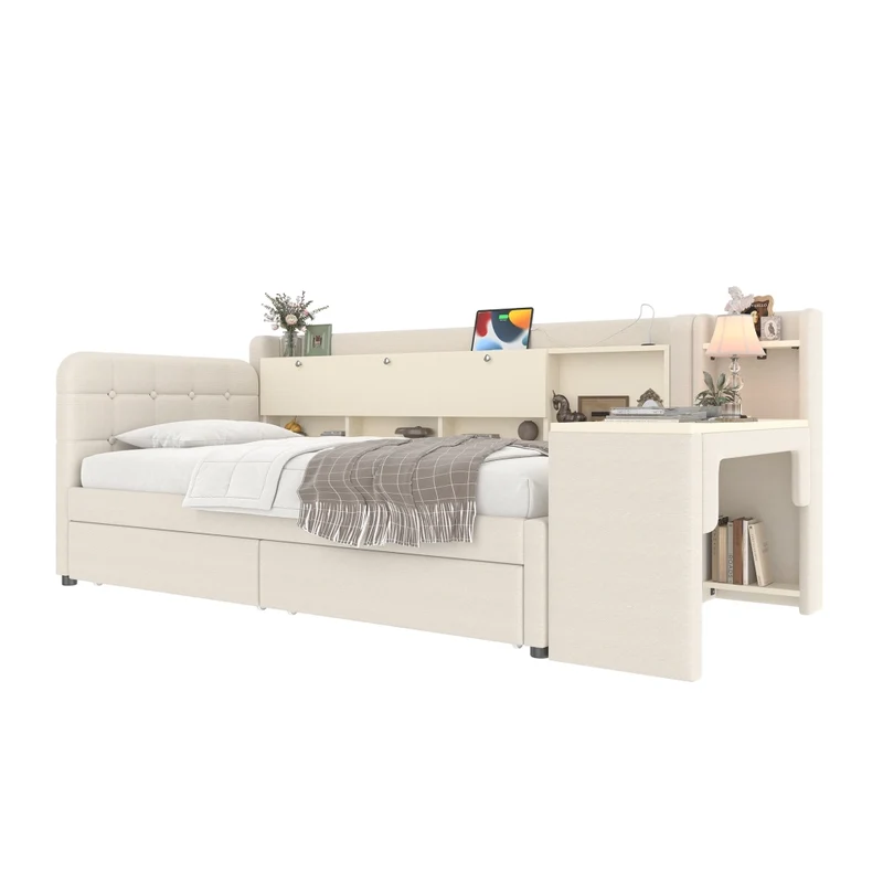 Letto singolo 90x200 cm con contenitore ribaltabile; scrivania reversibile e prese USB; beige