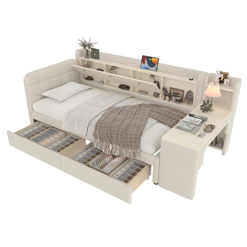 Letto singolo 90x200 cm con contenitore ribaltabile; scrivania reversibile e prese USB; beige