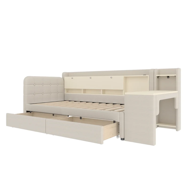 Letto singolo 90x200 cm con contenitore ribaltabile; scrivania reversibile e prese USB; beige