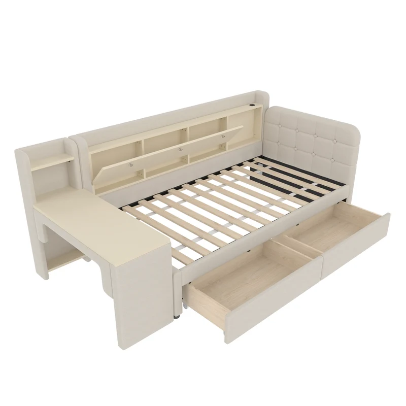 Letto singolo 90x200 cm con contenitore ribaltabile; scrivania reversibile e prese USB; beige