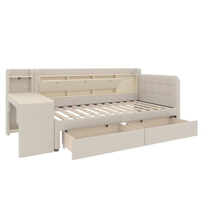 Letto singolo 90x200 cm con contenitore ribaltabile; scrivania reversibile e prese USB; beige