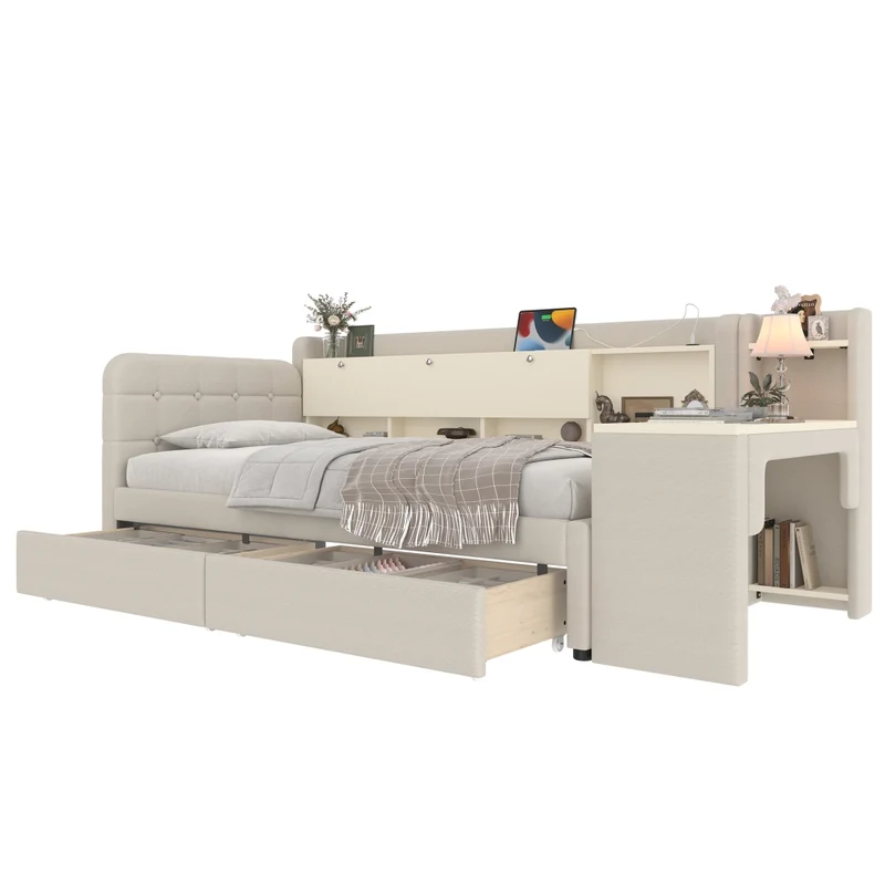 Letto singolo 90x200 cm con contenitore ribaltabile; scrivania reversibile e prese USB; beige