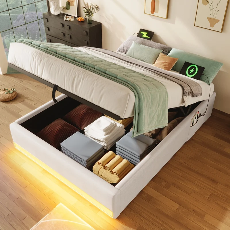 Letto imbottito 90x200 cm senza testiera con contenitore idraulico; LED multicolore; beige