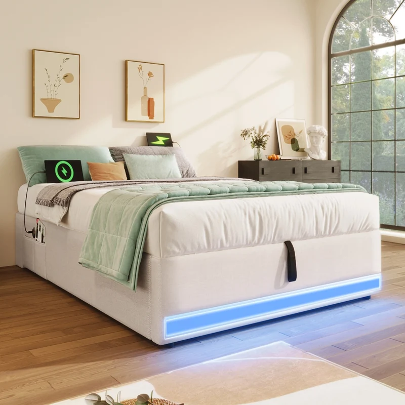 Letto imbottito 90x200 cm senza testiera con contenitore idraulico; LED multicolore; beige