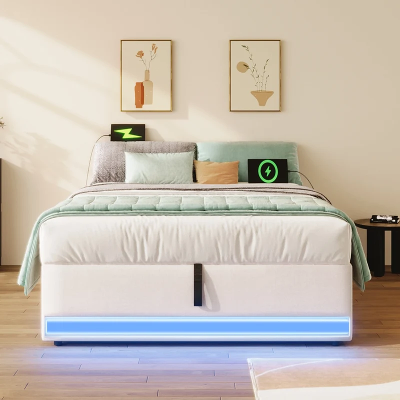 Letto imbottito 90x200 cm senza testiera con contenitore idraulico; LED multicolore; beige
