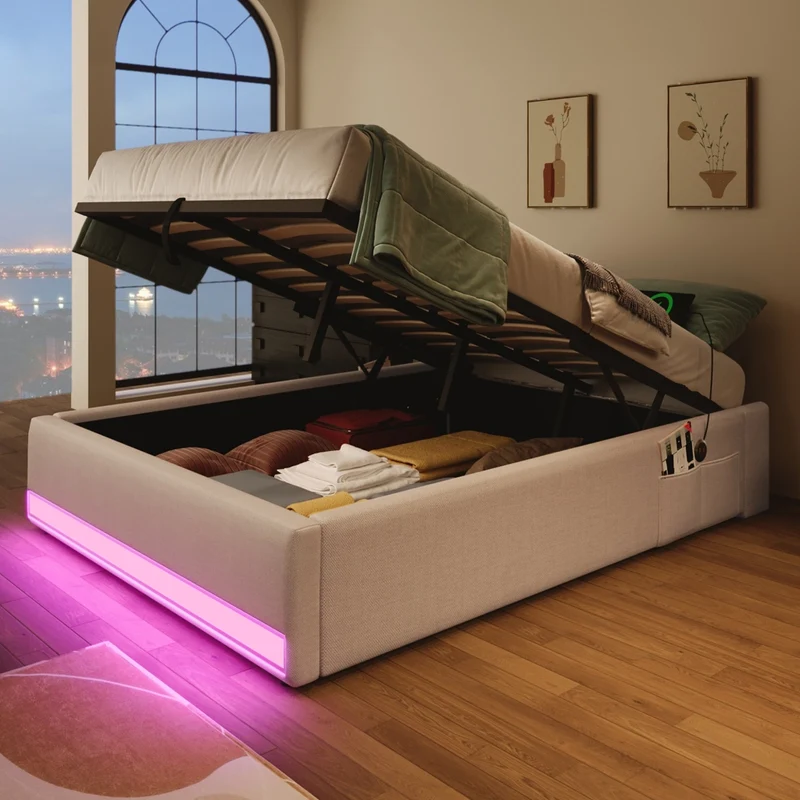 Letto imbottito 90x200 cm senza testiera con contenitore idraulico; LED multicolore; beige