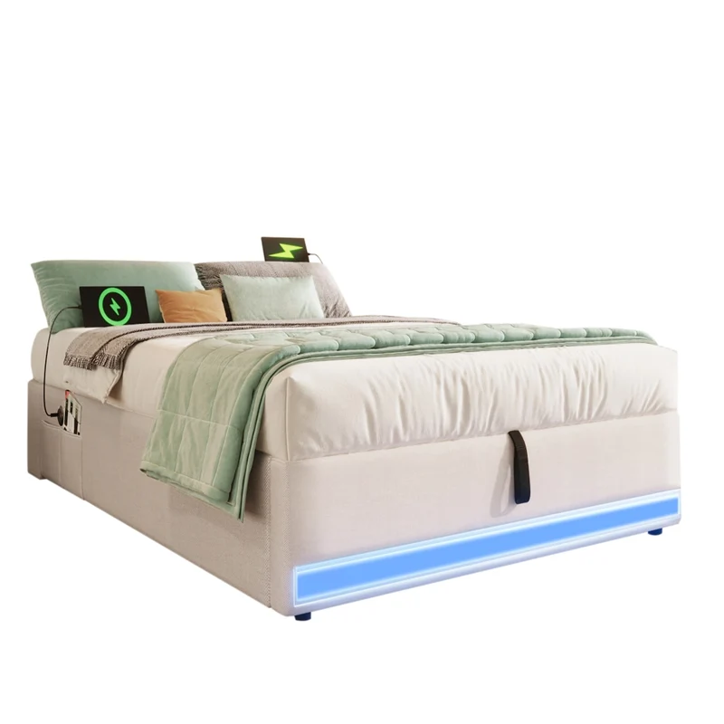 Letto imbottito 90x200 cm senza testiera con contenitore idraulico; LED multicolore; beige