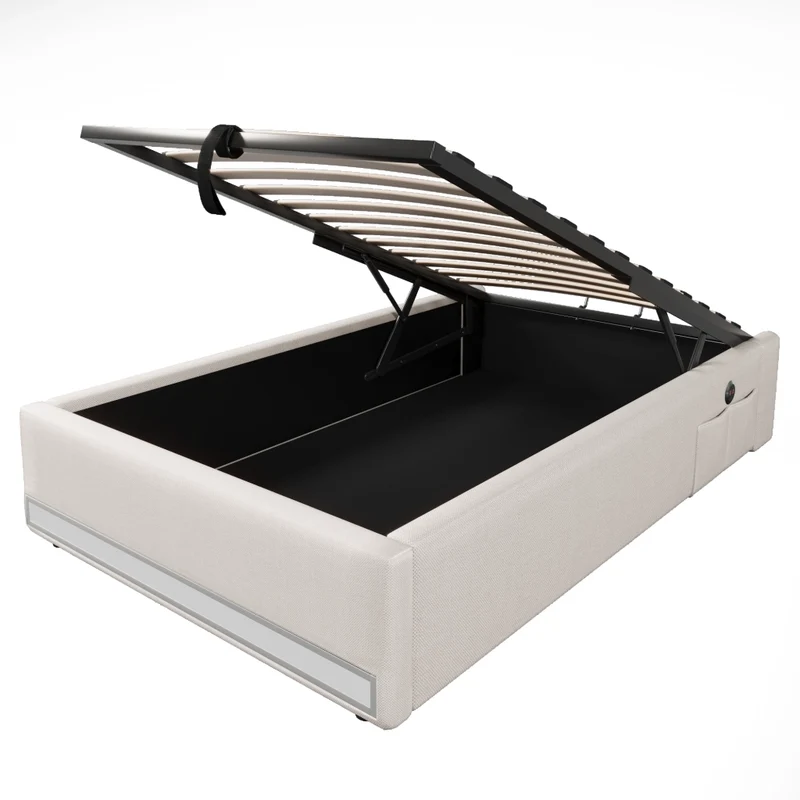 Letto imbottito 90x200 cm senza testiera con contenitore idraulico; LED multicolore; beige