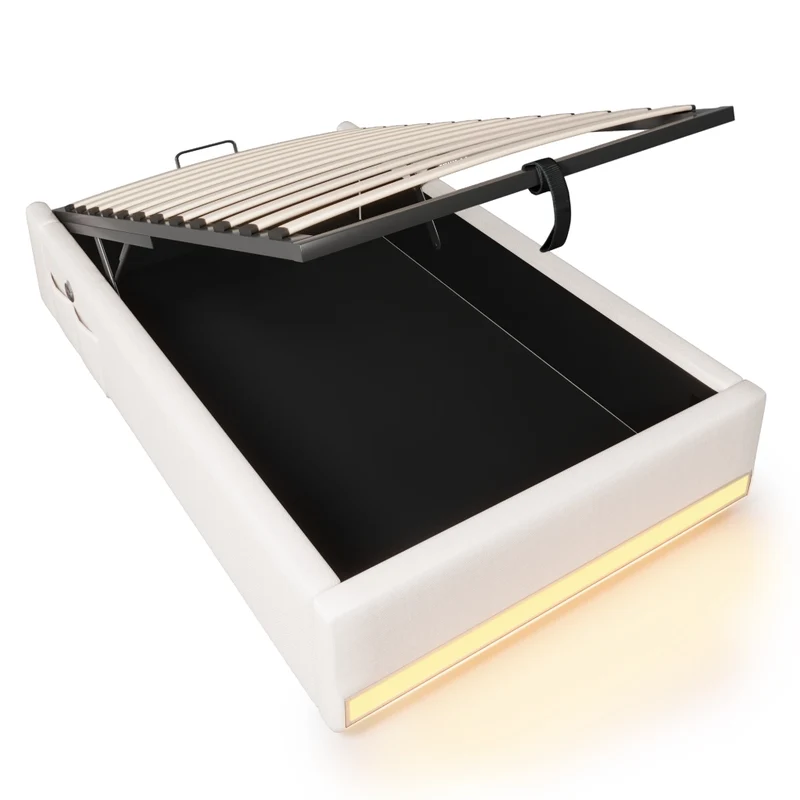 Letto imbottito 90x200 cm senza testiera con contenitore idraulico; LED multicolore; beige