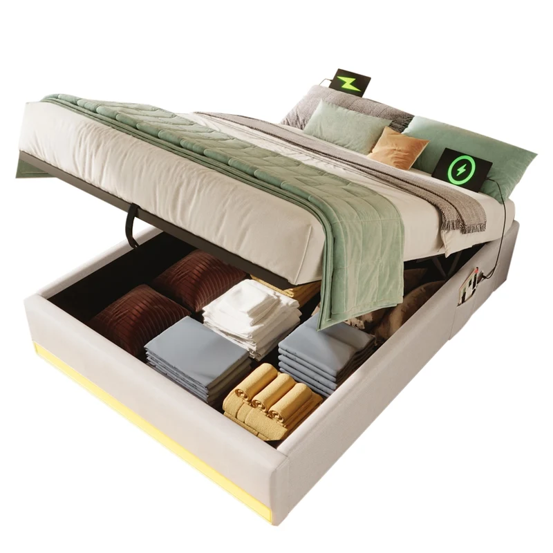 Letto imbottito 90x200 cm senza testiera con contenitore idraulico; LED multicolore; beige