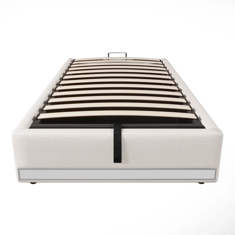 Letto imbottito 90x200 cm senza testiera con contenitore idraulico; LED multicolore; beige