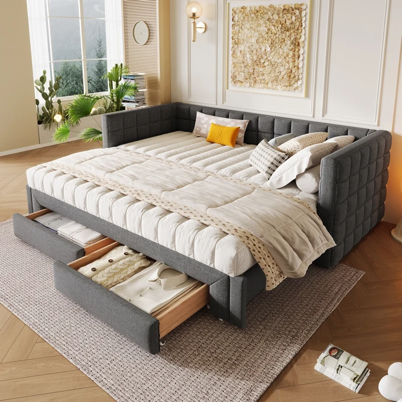 Daybed in velluto 90x200 cm; divano letto estraibile fino a 180 cm; grigio