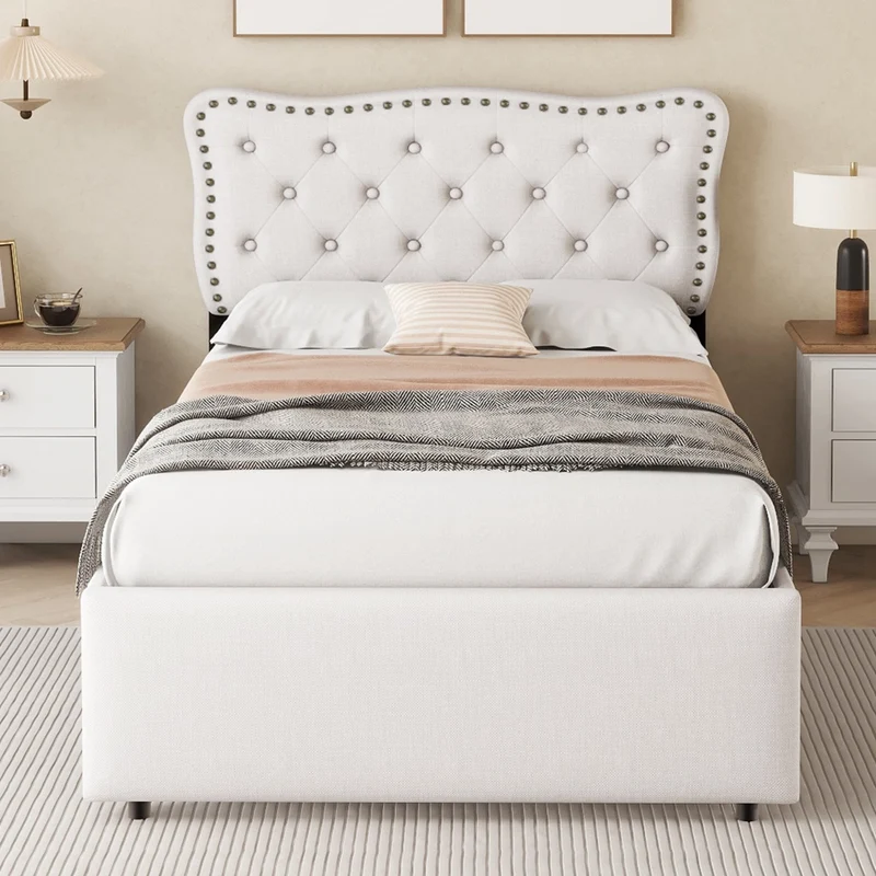 Letto singolo imbottito 90x200 cm beige chiaro con due cassetti e testiera regolabile