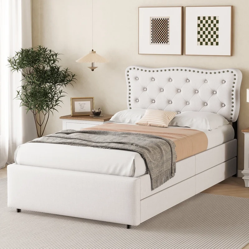 Letto singolo imbottito 90x200 cm beige chiaro con due cassetti e testiera regolabile