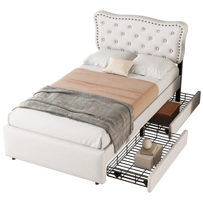 Letto singolo imbottito 90x200 cm beige chiaro con due cassetti e testiera regolabile