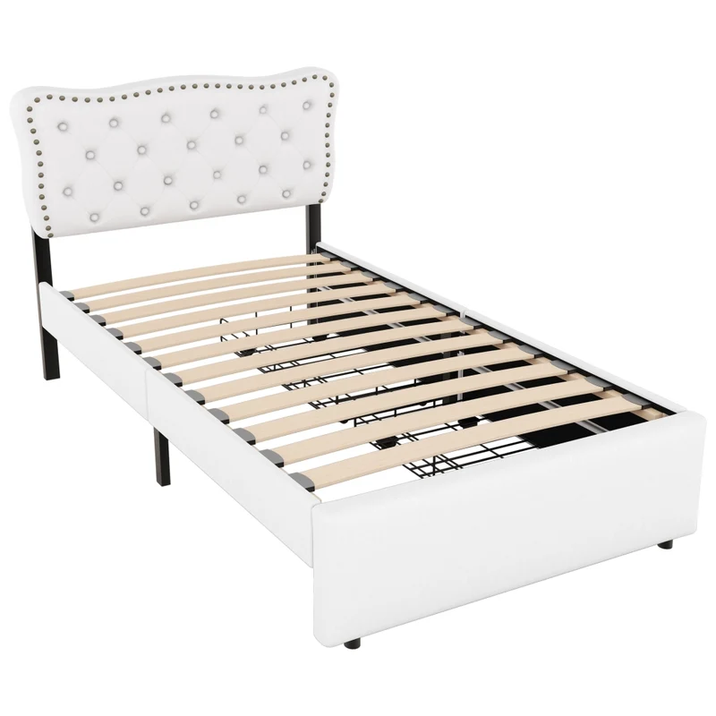 Letto singolo imbottito 90x200 cm beige chiaro con due cassetti e testiera regolabile