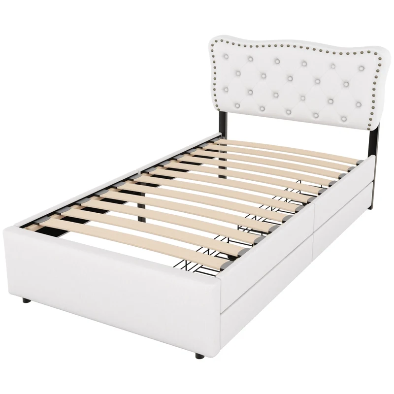 Letto singolo imbottito 90x200 cm beige chiaro con due cassetti e testiera regolabile