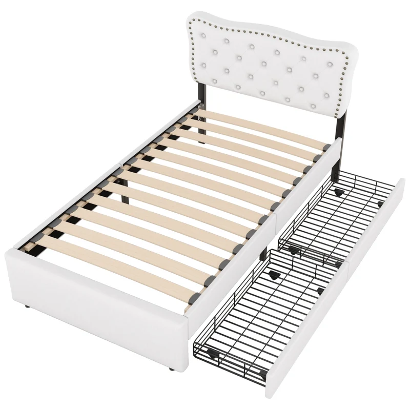 Letto singolo imbottito 90x200 cm beige chiaro con due cassetti e testiera regolabile
