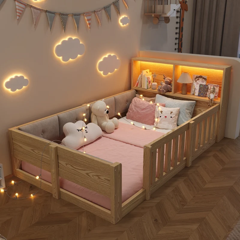 Letto per bambini 90x200 cm con sponde di sicurezza; testiera contenitore e luce LED; effetto naturale