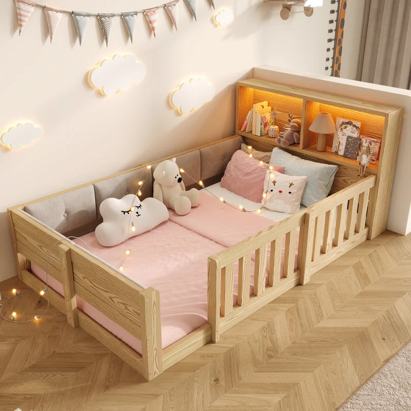 Letto per bambini 90x200 cm con sponde di sicurezza; testiera contenitore e luce LED; effetto naturale