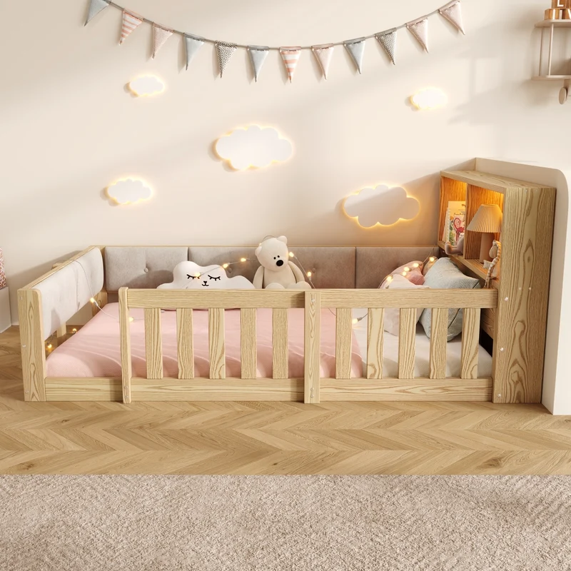 Letto per bambini 90x200 cm con sponde di sicurezza; testiera contenitore e luce LED; effetto naturale