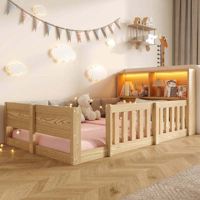 Letto per bambini 90x200 cm con sponde di sicurezza; testiera contenitore e luce LED; effetto naturale