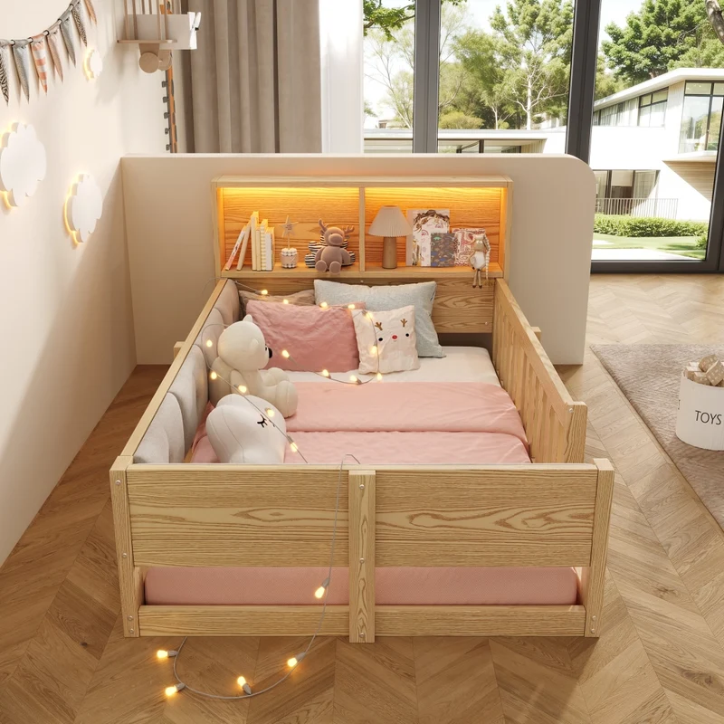 Letto per bambini 90x200 cm con sponde di sicurezza; testiera contenitore e luce LED; effetto naturale