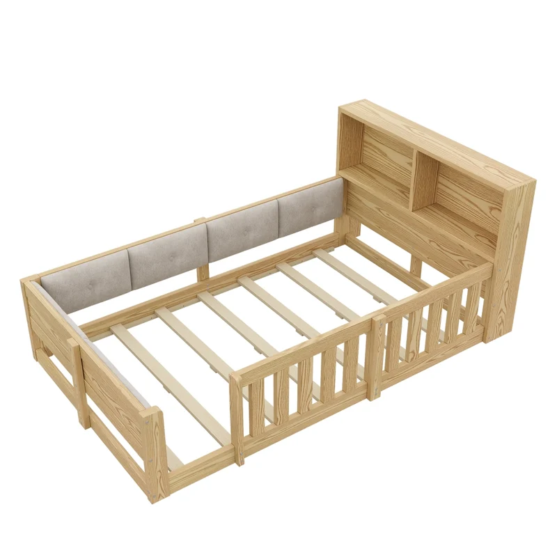 Letto per bambini 90x200 cm con sponde di sicurezza; testiera contenitore e luce LED; effetto naturale